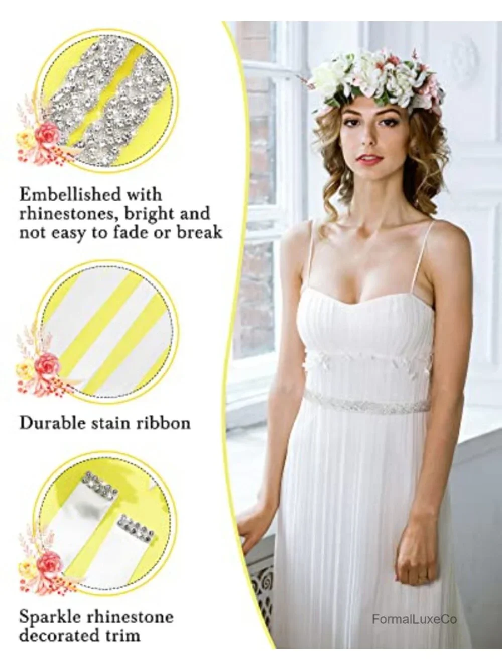 Rhinestone Bridal Wedding Sash Belts Set of 3 Crystal Belts for Formal Evening